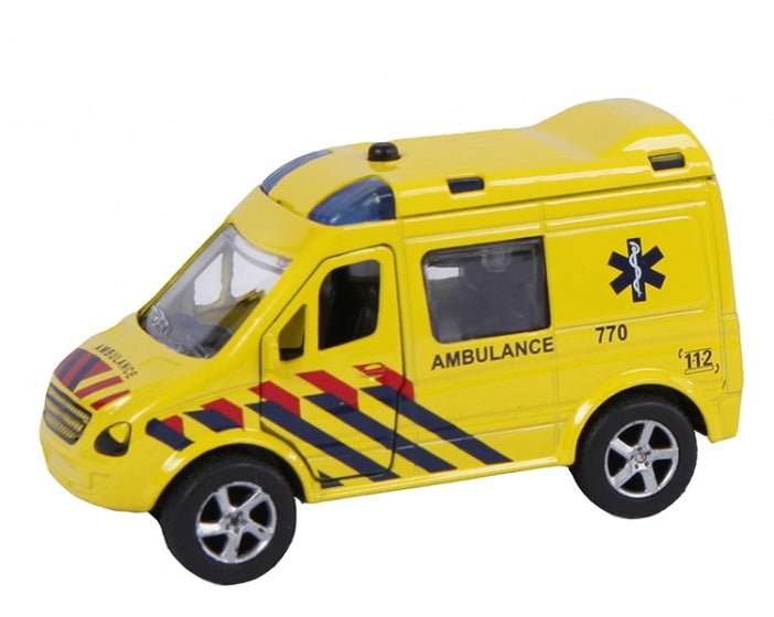 ambulance pull-back met licht en geluid 11 cm geel
