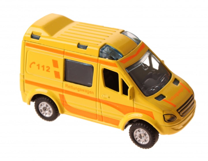 Duitse ambulance diecast pull-back 8 cm geel