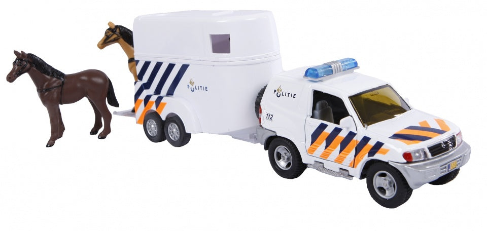 politie met paardentrailer diecast pull-back 25 cm wit