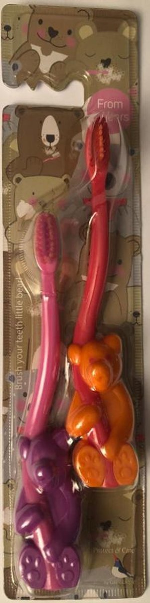 kinder tandenborstel met beren 2 stuks 14 .5 cm lang 1 x paars roze 1 x oranje roze