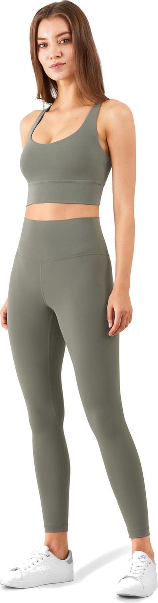Su.B.dgn Yoga Kleding Dames Set 2 Stuks - Fitness Outfit - Sportlegging High Waist en Yoga Top met Mooie Rug Design en Uitneembare BorstPads -Groen Grijs