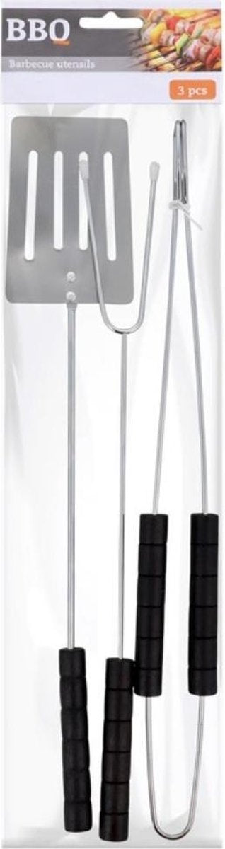 Luxe BBQ- set- 3-delig- Barbecue- Roestvrij- RVS- Barbecuespatel- Vork- Tang