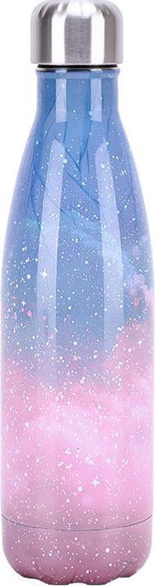 Drinkfles | Thermosfles | Geïsoleerd | Dubbelwandig | Metaal | Melkweg | Ruimte | Roze/blauw | 0.5 liter