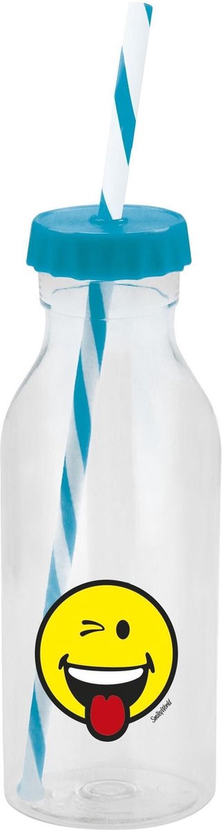Zak!Designs Smiley Waterfles - Soda - Incl Rietje - 55 cl Emoticon Wink - Aqua blauw