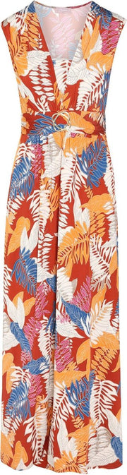 Cassis - Lange jurk in tricot bedrukt met palmbladeren - Caramel