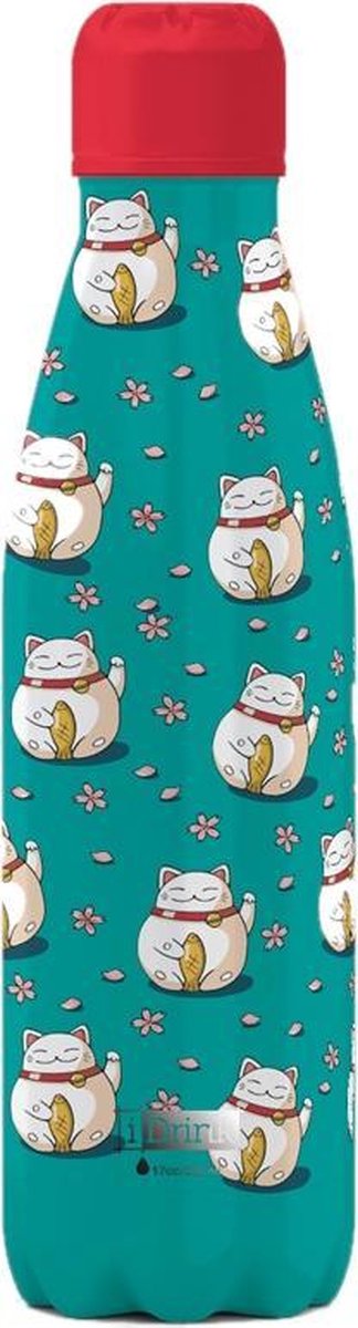 I-drink Thermosfles Lucky Cat 500 Ml Rvs Groen/rood