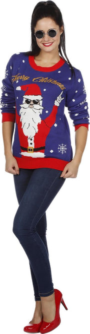 Foute kersttrui blauw rocking Santa voor volwassenen