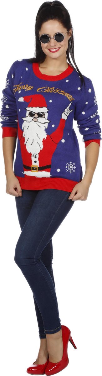 Foute kersttrui blauw rocking Santa voor volwassenen