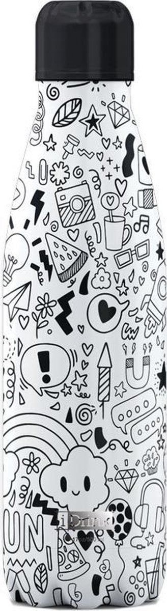 I-drink Thermosfles Doodle  500 Ml Rvs Zwart/wit
