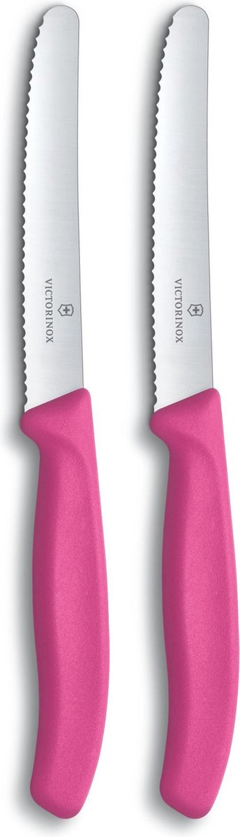 Victorinox 2 x pak mesje met golvende rand tomaat & worstmes - roze- lemmet 11 cm