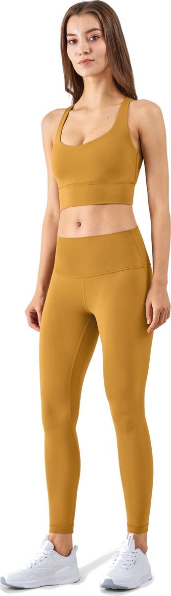 Su.B.dgn Yoga Kleding Dames Set 2 Stuks - Fitness Outfit - Sportlegging High Waist en Yoga Top met Mooie Rug Design en Uitneembare BorstPads - Geel