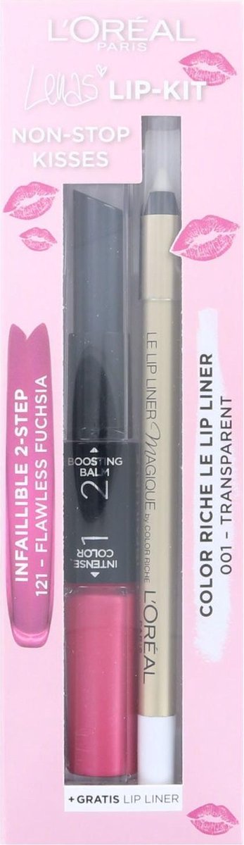 L'Oréal Non-Stop Kisses Lip Kit - 121 Flawless Fuchsia - 001 Transparent (Duitse versie)