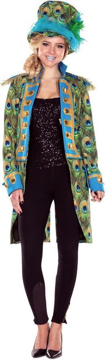Slipjas pauw pauwveer circus - maat 38 S M - blauw groen goud piraten piratenjas circusjas pauwenprint dames