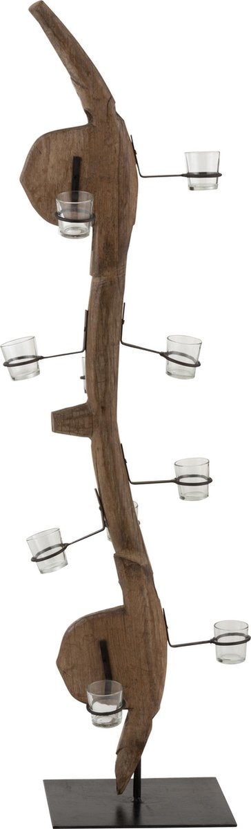 J-Line Ploeg Deco Op Voet 13 T-Licht Houder Gerecycleerd Hout Bruin