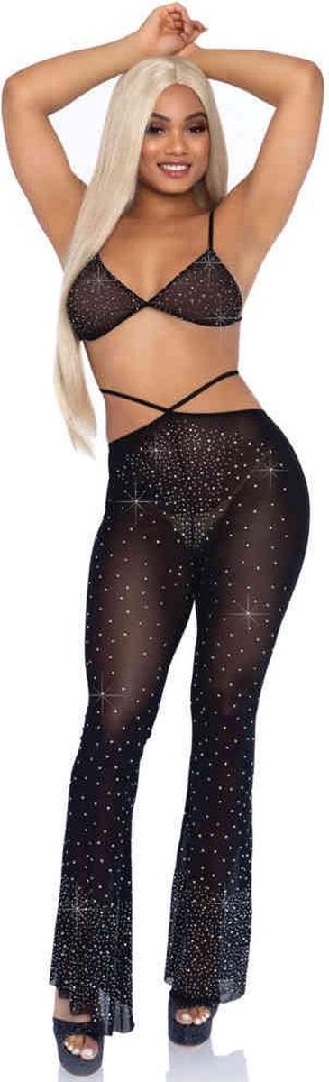 Leg Avenue Beha top en broek -M/L- Rhinestone Mesh Zwart