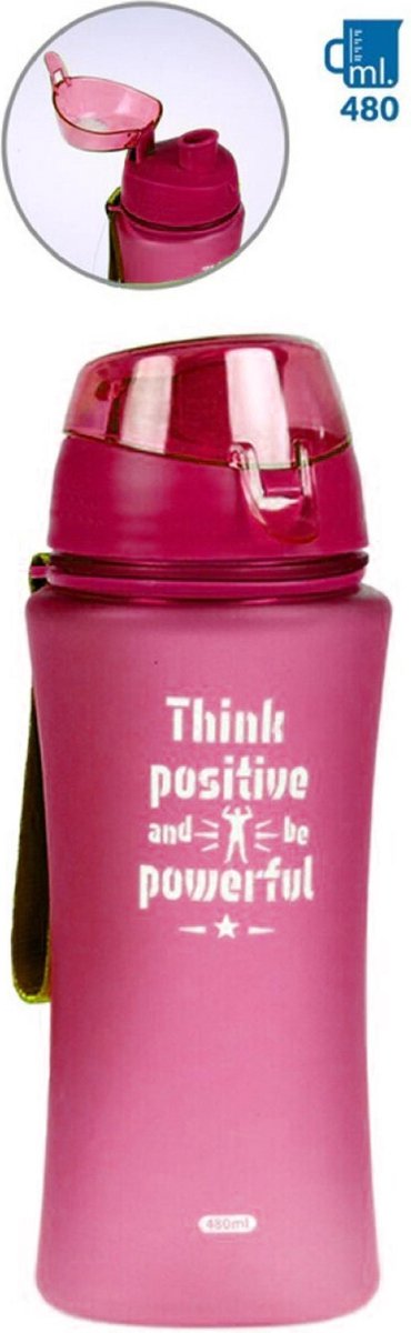 2x Sport Bidon drinkfles/waterfles Think Positive print roze 480 Ml van Kunststof
