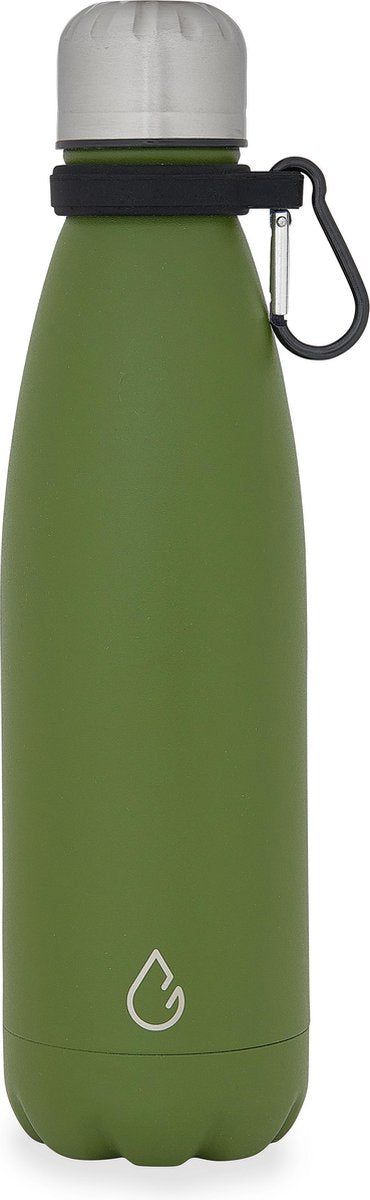 Wattamula Design eco RVS drinkfles - olijfgroen - met extra carrier - 500 ml - waterfles - thermosfles - sport