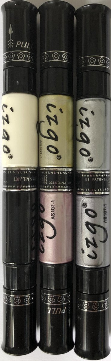 IZGO Naildesign 2 in 1 Nagellak DUO Nail Art Pen Metallic Shine set + zwart en wit pen