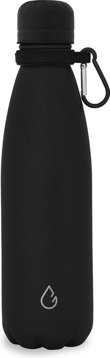 Wattamula Luxe Design eco RVS drinkfles - zwart - met extra carrier - 500 ml - waterfles - thermosfles - sport
