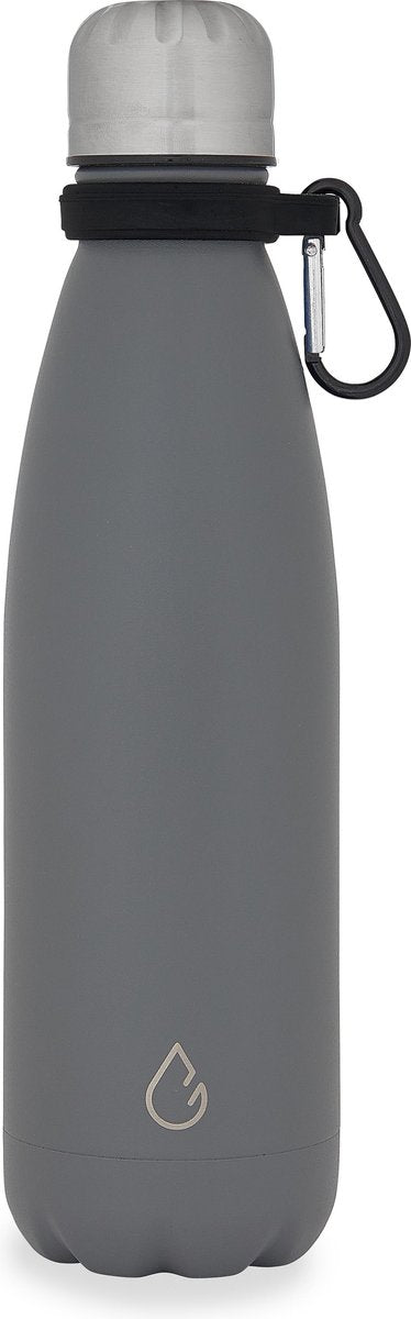 Wattamula Design eco RVS drinkfles - donkergrijs - met extra carrier - 500 ml - waterfles - thermosfles - sport