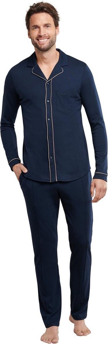 Warme donker blauwe doorknoop herenpyjama