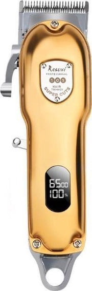 Resuxi – Luxe Tondeuse met Display – LCD - Professionele Trimmer - Groomer - Scheerapparaat - Baardtrimmer - Precisietrimmer - Haarstyling - Haartrimmer - Draadloos - USB Opladen – Contouren – Bakkebaarden - Inclusief 3 opzetkammen - Goudkleurig
