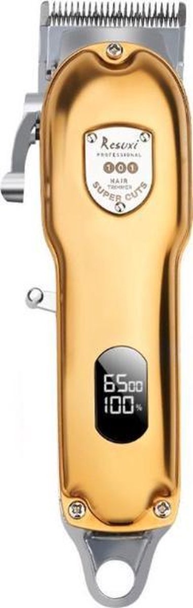 Resuxi – Luxe Tondeuse met Display – LCD - Professionele Trimmer - Groomer - Scheerapparaat - Baardtrimmer - Precisietrimmer - Haarstyling - Haartrimmer - Draadloos - USB Opladen – Contouren – Bakkebaarden - Inclusief 3 opzetkammen - Goudkleurig