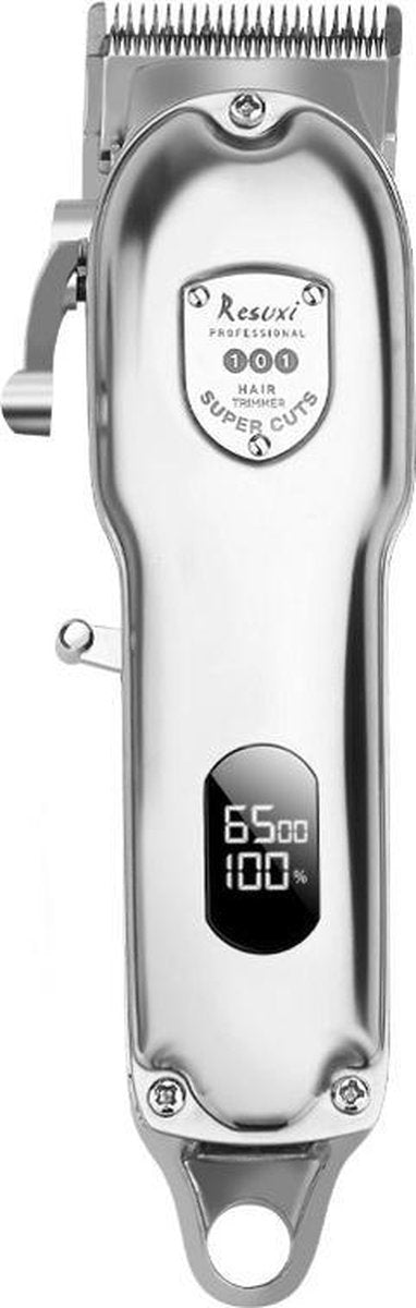 Resuxi – Luxe Tondeuse met Display – LCD - Professionele Trimmer - Groomer - Scheerapparaat - Baardtrimmer - Precisietrimmer - Haarstyling - Haartrimmer - Draadloos - USB Opladen – Contouren – Bakkebaarden - Inclusief 3 opzetkammen - Zilver