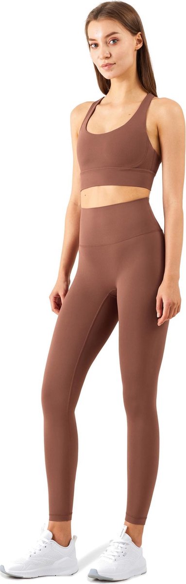 Su.B.dgn Yoga Kleding Dames Set 2 Stuks - Fitness Outfit - Sportlegging High Waist en Yoga Top met Mooie Rug Design en Uitneembare BorstPads - Bruin