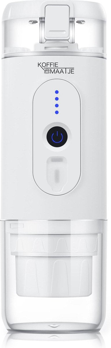 Koffiemaatje®  | Compacte Draagbare Koffiemachine | Espressomachine | Wit | 80 ml | Portable | Reizen | Onderweg | Elektrisch | Oplaadbaar | Snoerloos | Volautomatisch | Nespresso® Compatibel Koffiecups | Filterkoffie | 12V | Verwarmingselement