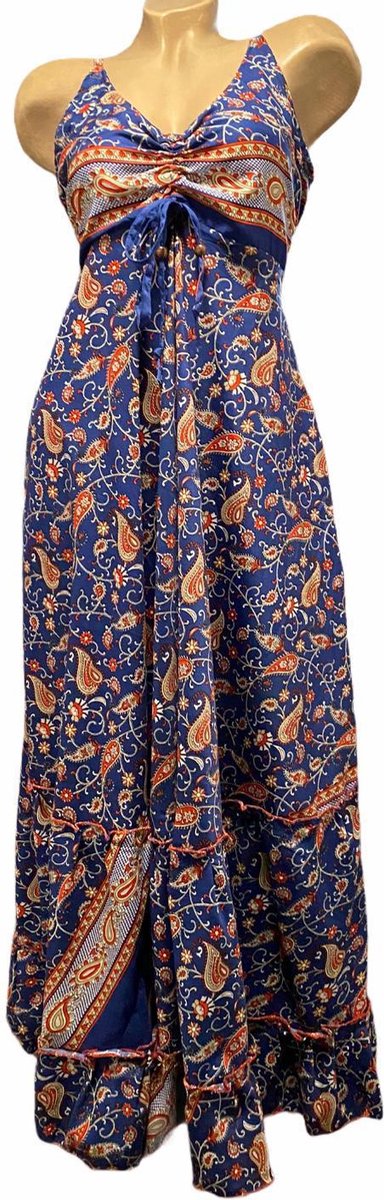 Dames zijde maxi jurk met dunne schouderbandjes en aantrekkoordje onesize 36-40 donkerblauw/bruin/beige