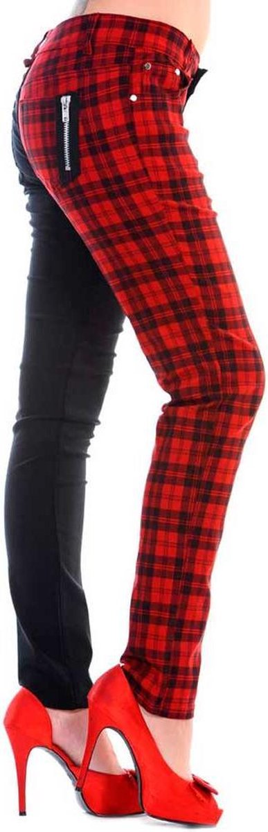 Banned Skinny fit broek -L- HALF BLACK HALF CHECK Zwart/Rood