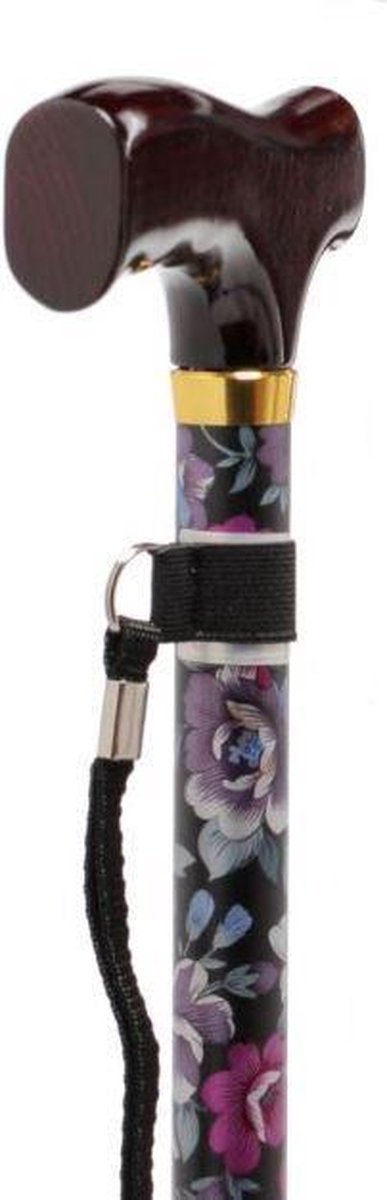 Adhome Wandelstok - mat zwart met bloemenmotief - 76 - 99 cm hoogteverstelbaar