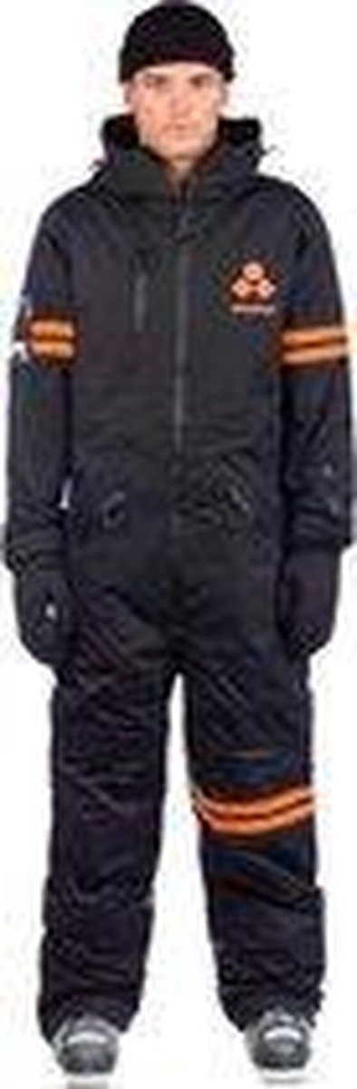 Oneskee original Pro suit Black/Orange stripes | Maat S | Skipak | Snowboardpak | Onesie | Ski overall | Snowsuit | Wintersportpak | Waterdicht skipak | Freeride skiuit | Off piste wintersportkleding