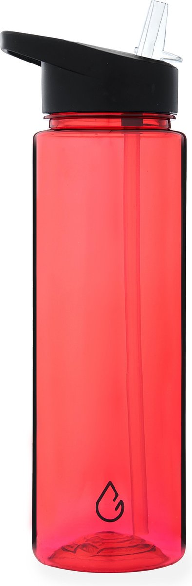 Wattamula Waterfles met rietje - 750 ML - Rood transparant - Milieuvriendelijk - Drinkfles