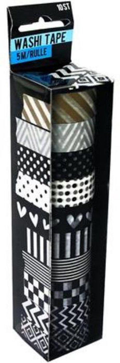 Washi Tape - zwart - wit - grijs - goud - 10 rolletjes van 5 m