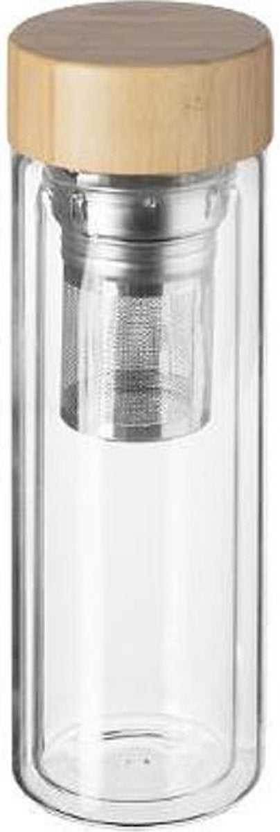Theeglas met filter - Theefles dubbelwandig 400 ml - Theebeker met zeef - Theefles met filter - Waterfles van glas - Drinkfles - bamboe drinkfles