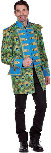 Slipjas pauw pauwveer circus - maat 52 L - heren blauw groen goud piraten piratenjas circusjas pauwenprint