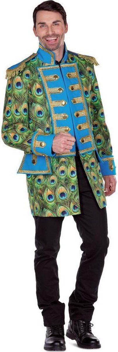 Slipjas pauw pauwveer circus - maat 52 L - heren blauw groen goud piraten piratenjas circusjas pauwenprint