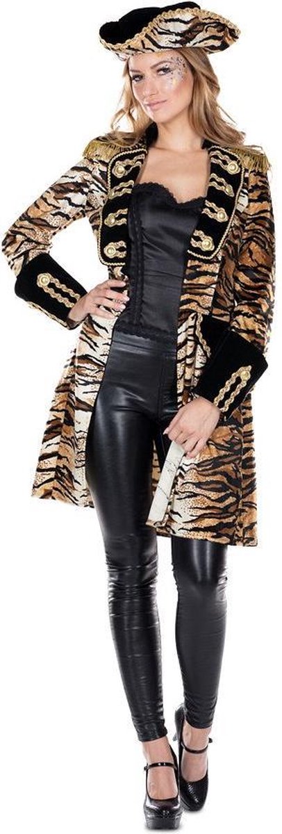 Dunne slipjas dames tijger tijgerprint circus - maat 40 M - bruin zwart goud piraten piratenjas panterprint