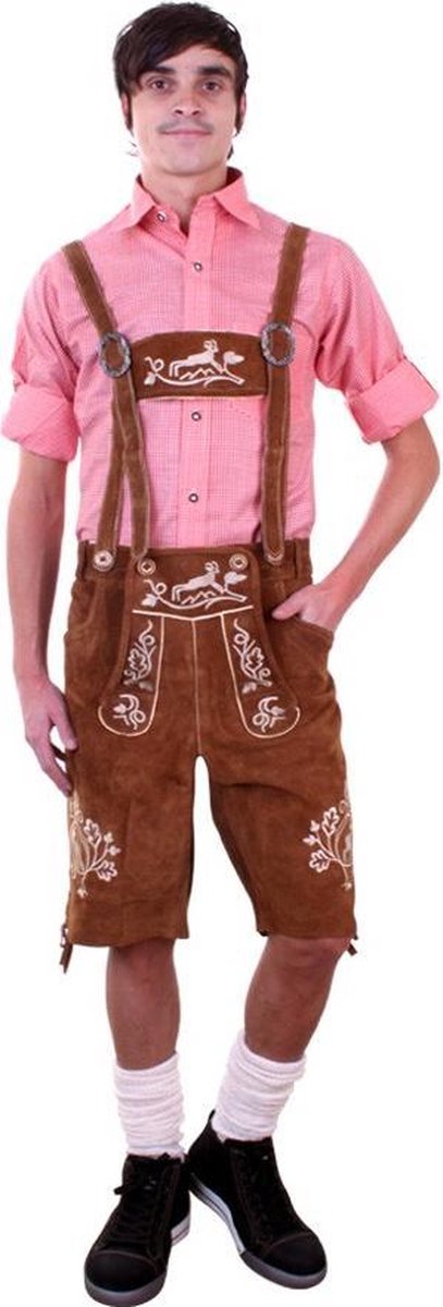 Korte lederhosen bruin echt leer - maat 50 M - Oktoberfest suede Tiroler cognacbruin leren heren lederen broek Tirol lederhose bierfeest