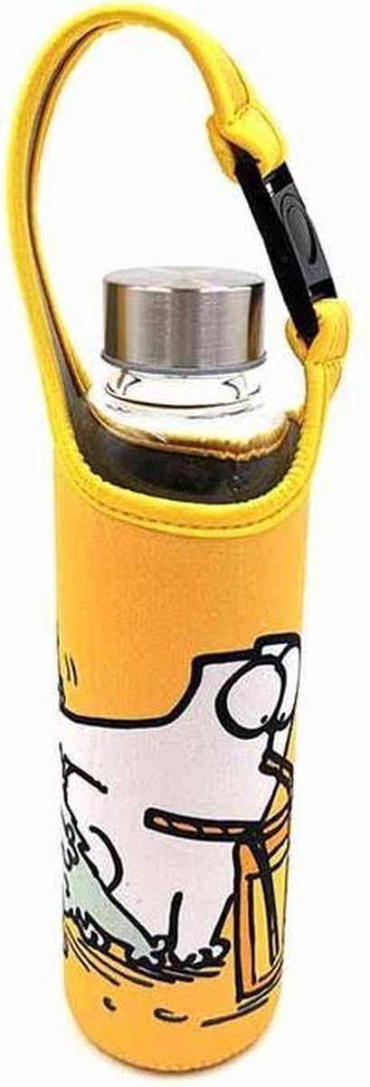 Glazen waterfles met houder - Simon's Cat Geel