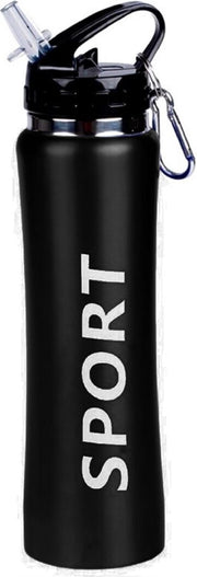 Sport Bidon drinkfles/waterfles Sport print zwart 600 Ml van Aluminium met karabijnhaak