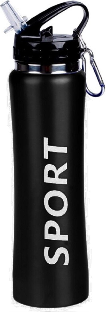 Sport Bidon drinkfles/waterfles Sport print zwart 600 Ml van Aluminium met karabijnhaak