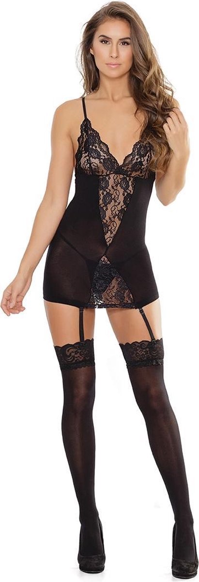 Chemise With G-String/ Stockings - Black