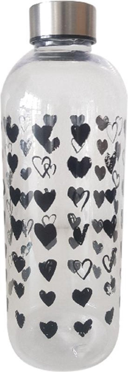Waterfles HEARTS - Zwart - Plastic - 1 Liter - Ø 9 h 23.5 cm