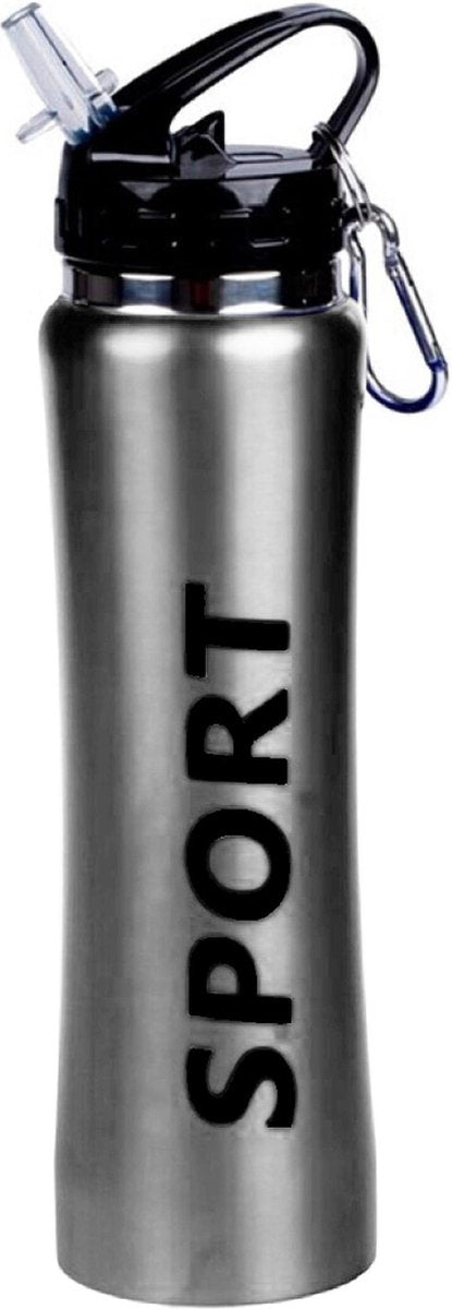 Sport Bidon drinkfles/waterfles Sport print zilver 600 Ml van Aluminium met karabijnhaak