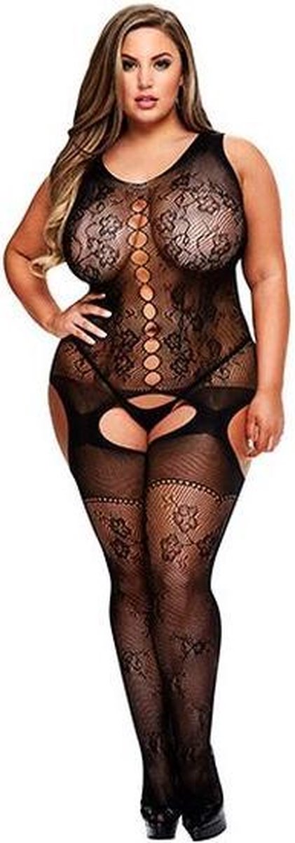 Baci Jacquard kruisloze bodystocking - Zwart - Maat: Queen Size (XL/XXL)