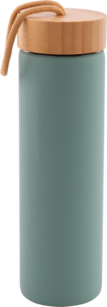 Point-Virgule – Glazen drinkfles – Waterfles – Lekt niet – Ligt goed in de hand - Overal meeneembar –Extra sterk - Bamboe – Saliegroen - 600 ml
