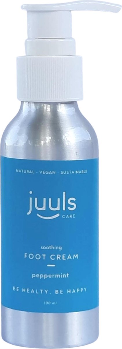 Juuls Vegan Care - Vegan Voetencrème - Pepermuntolie - Tea Tree Olie - Menthol - Cacao Boter - Kokosolie - Zonder Palmolie - Halal - Diervriendelijk - Duurzaam - Zero Waste - Pompje - 100ml